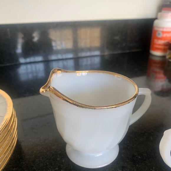 Vintage Fire King Milk Glass and Gold Set of 6 Plates with Sugar and Creamer - Picture 8 of 11